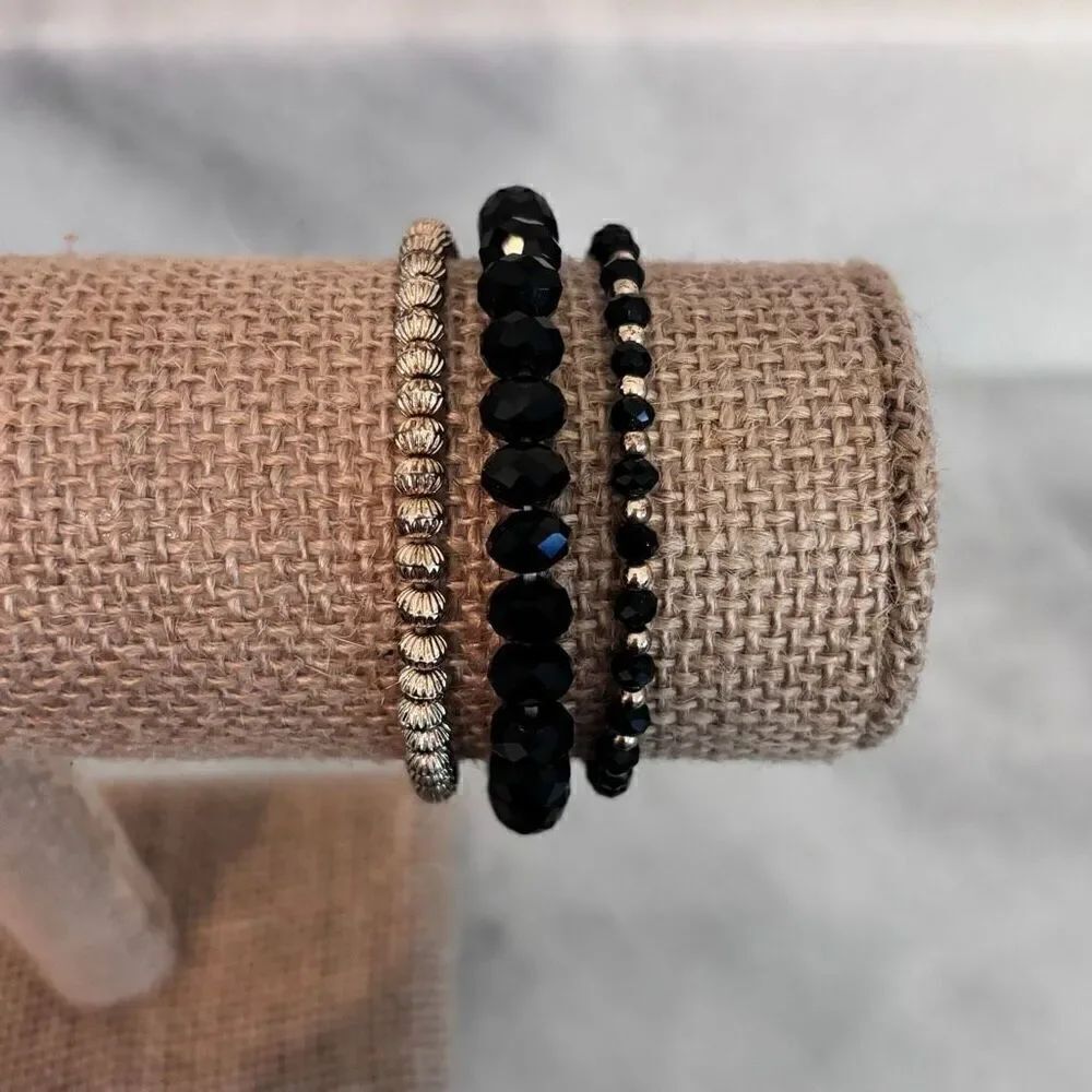 Lot Of 3 Francescas Collections Elastic Beaded Bracelet Set Black & Gold-tone OS